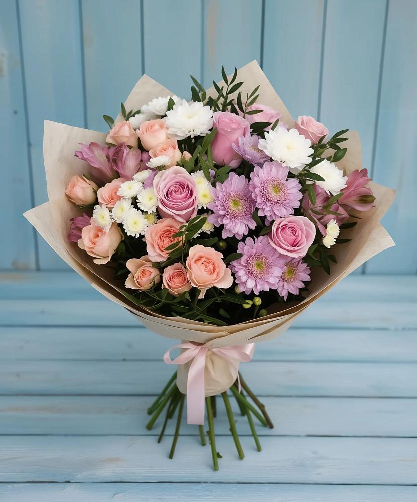 Букет цветов из: Хризантемы, Розы и Альстромерии в Сосенском