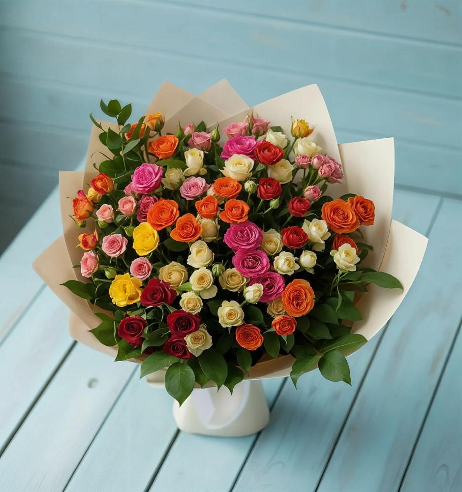Букет Микс из разноцветных кустовых роз в Сосенском