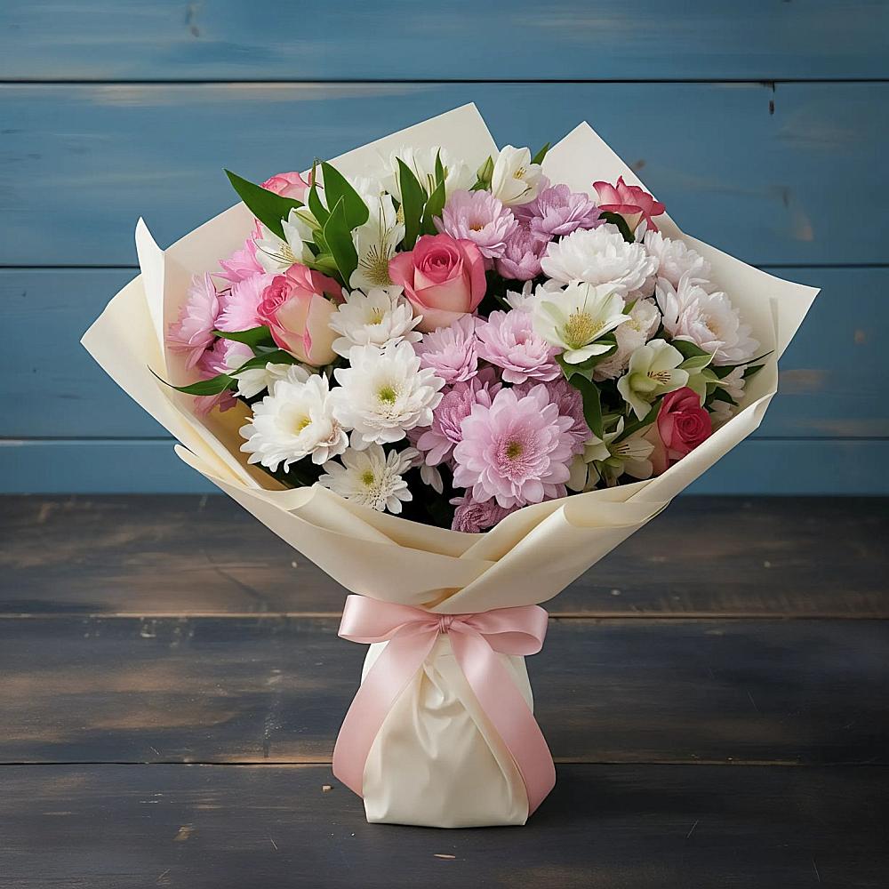 Букет цветов из: Хризантемы, Альстромерии и Розы в Сосенском